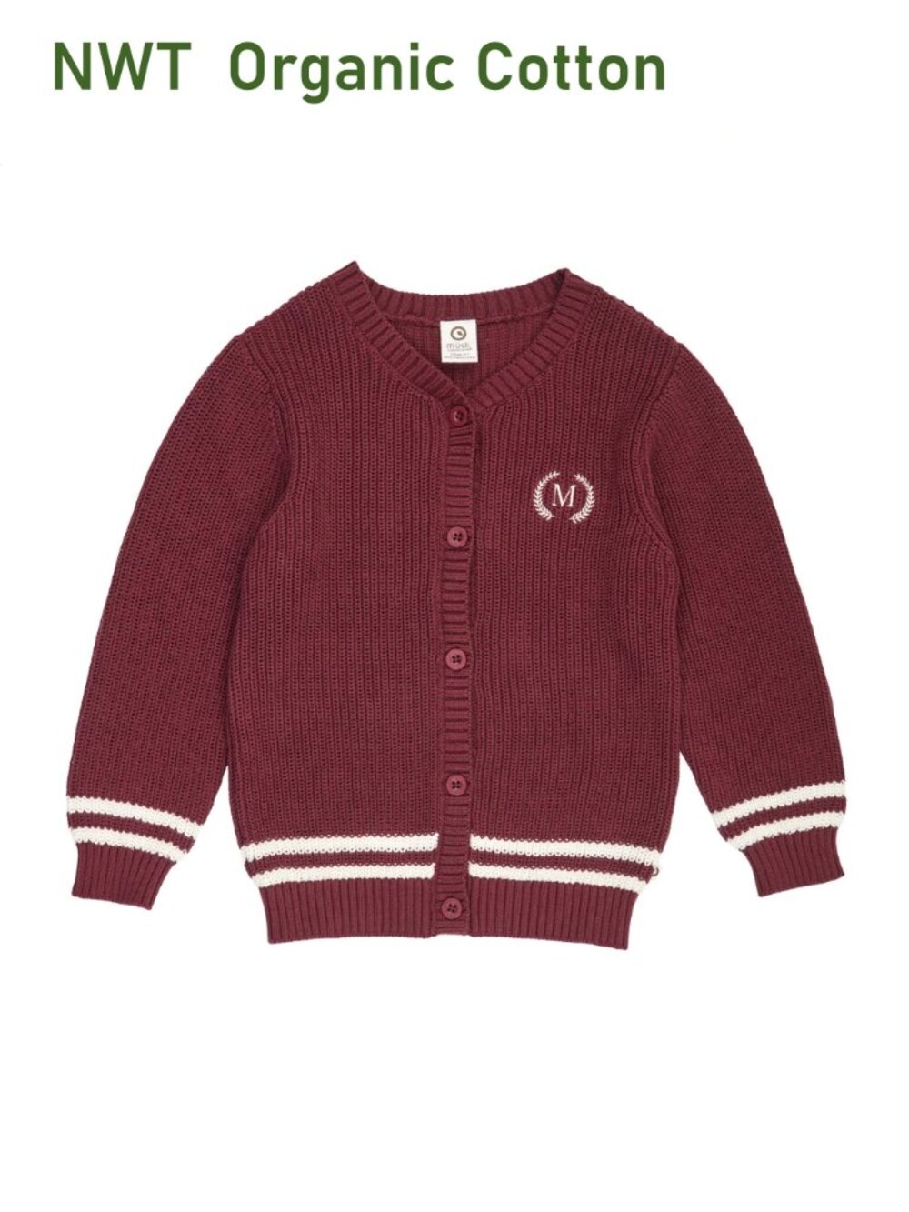 MUSLI Organic Knit Cotton Button-Front Cardigan in Burgundy size 5Y | NWT